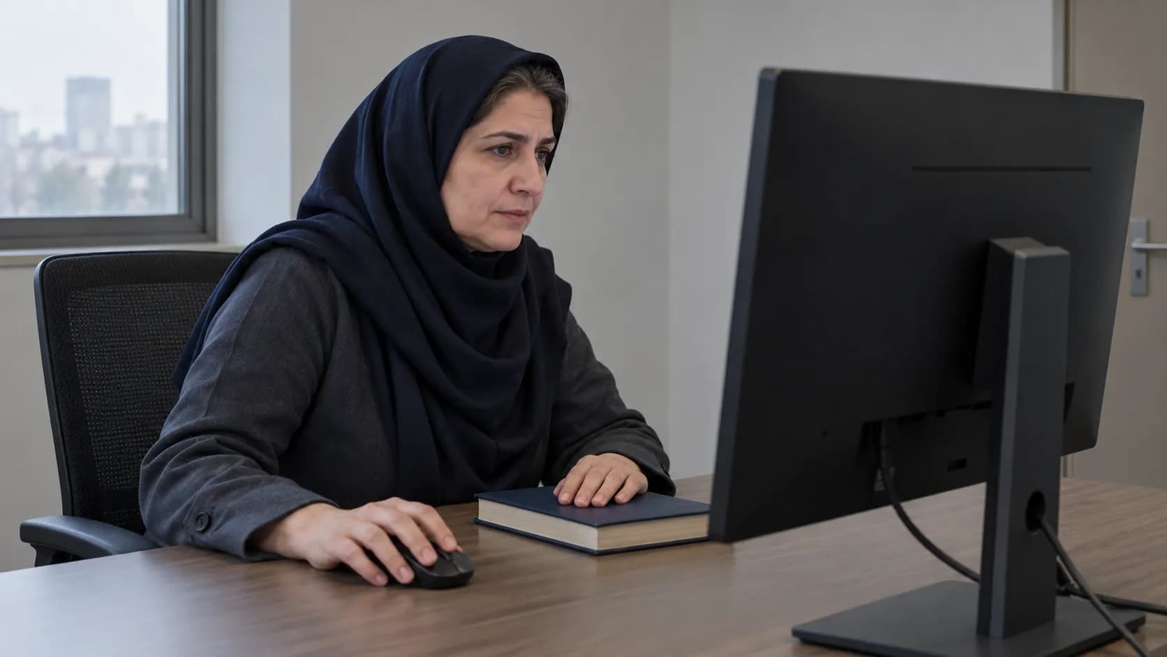 مدرس باتجربه در دفتر آموزشی مشغول بررسی پاسخ پیشنهادی دستیار روی رایانه