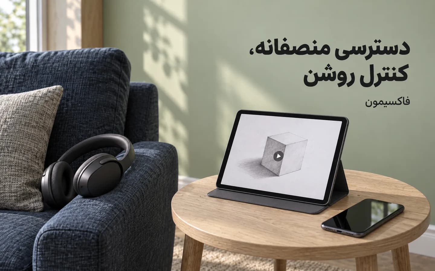 گوشی خاموش، تبلت با نمونهٔ درس طراحی و هدفون در فضای مطالعهٔ شخصی