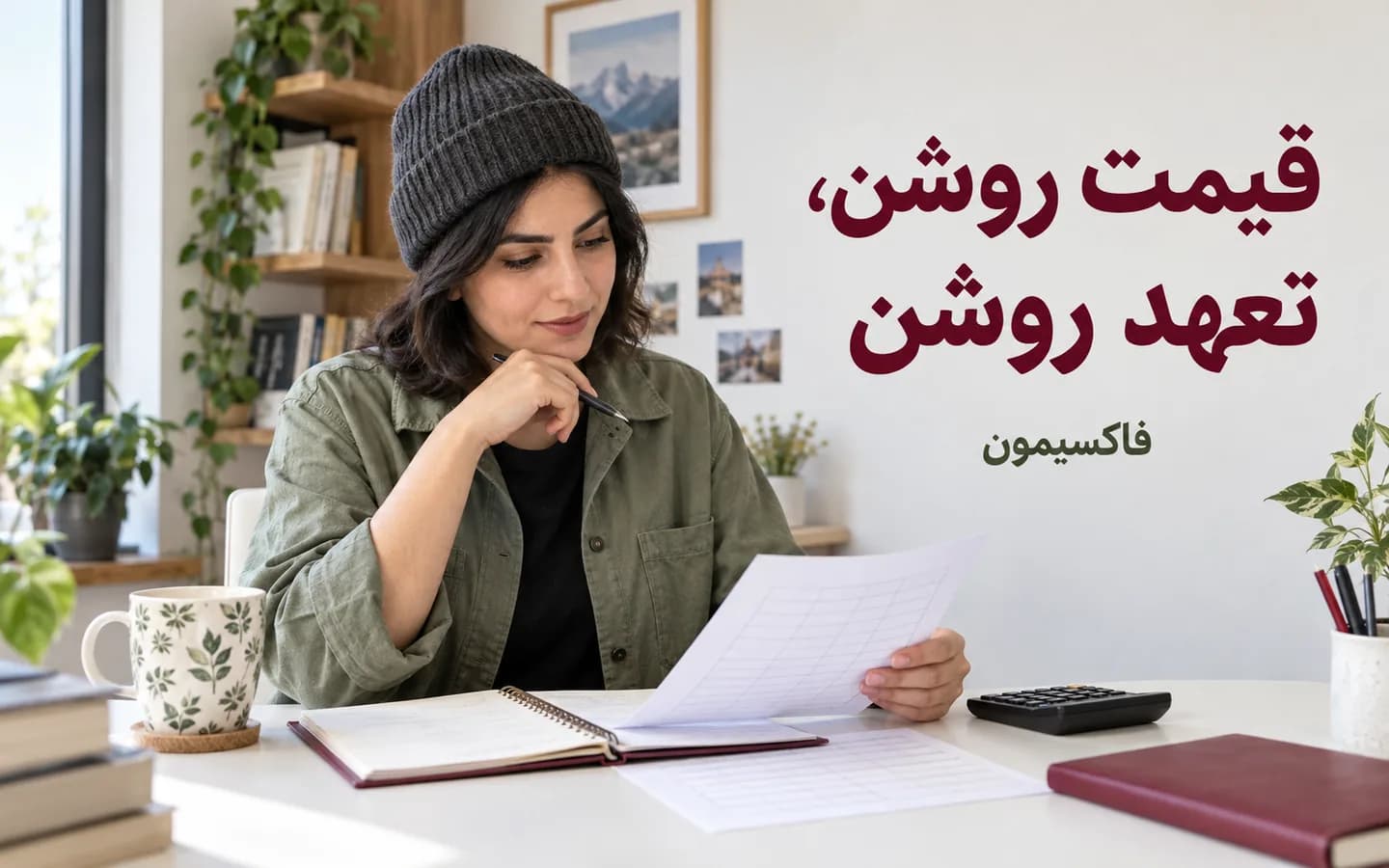 مدرس با کلاه بافت کنار برگه هزینه، برنامه پاسخ‌گویی و ماشین‌حساب در حال تعیین دامنه یک دوره