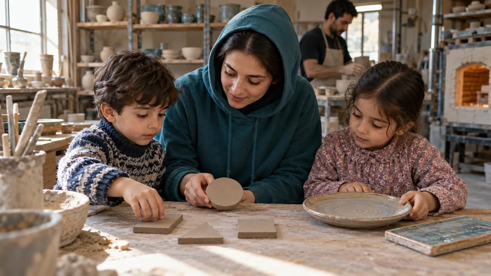 مربی با هودی و دو کودک در کارگاه سفال، در حال بررسی قطعه‌های گلی دایره، مثلث و چهارگوش