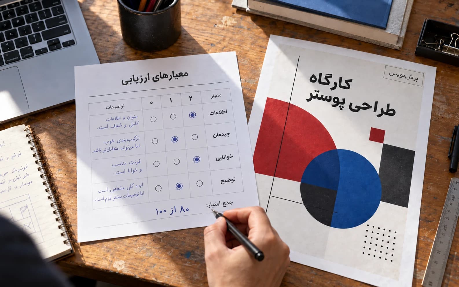 برگهٔ روبریک تکمیل‌شده کنار پوستر کارگاه طراحی؛ چهار معیار با سطح‌های انتخاب‌شده و یادداشت‌های استاد