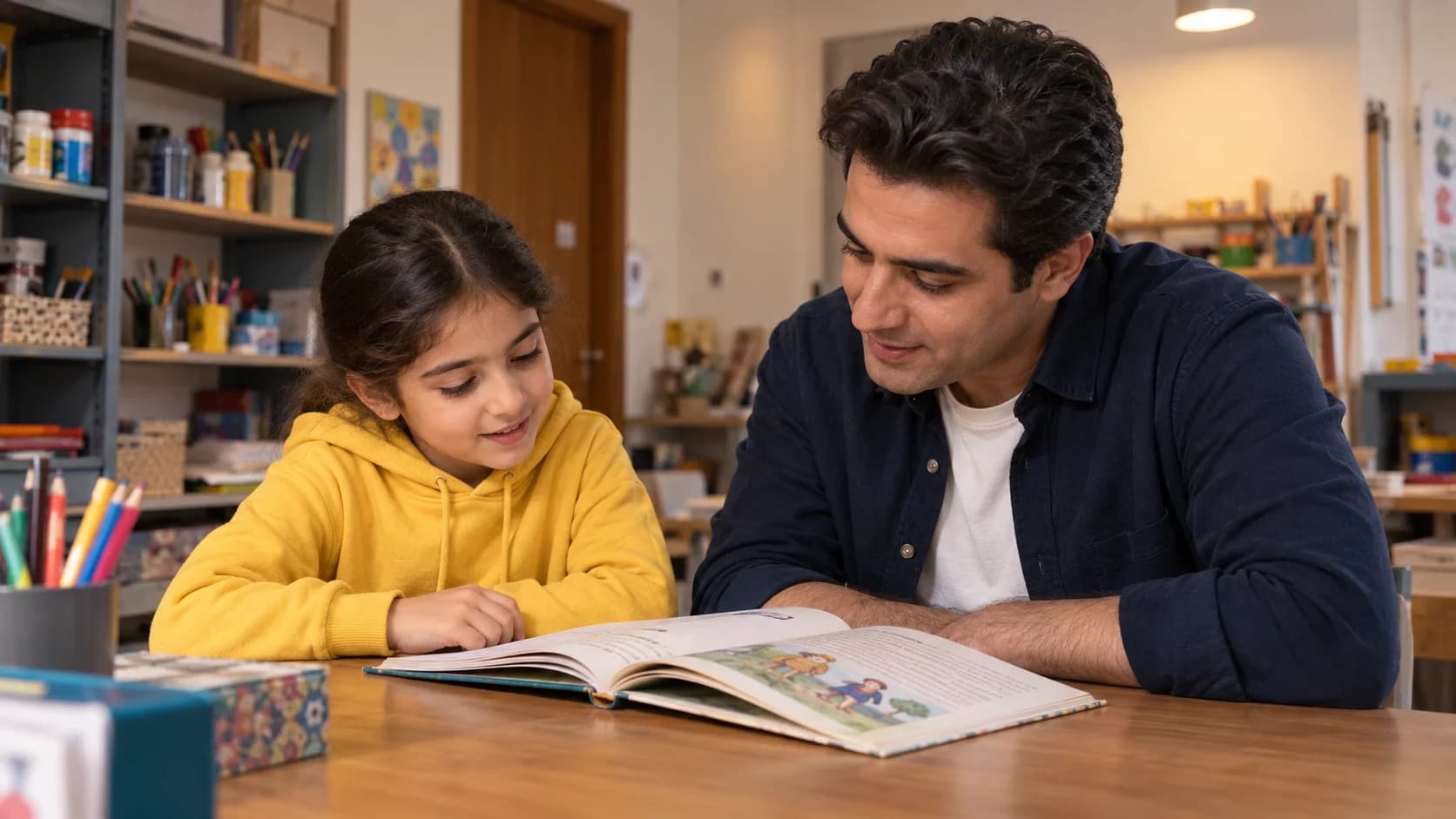 آموزگار و دانش‌آموز کلاس دوم در کارگاه آموزشی، در حال خواندن کتاب داستان فارسی با جهت طبیعی صفحه به سوی خودشان