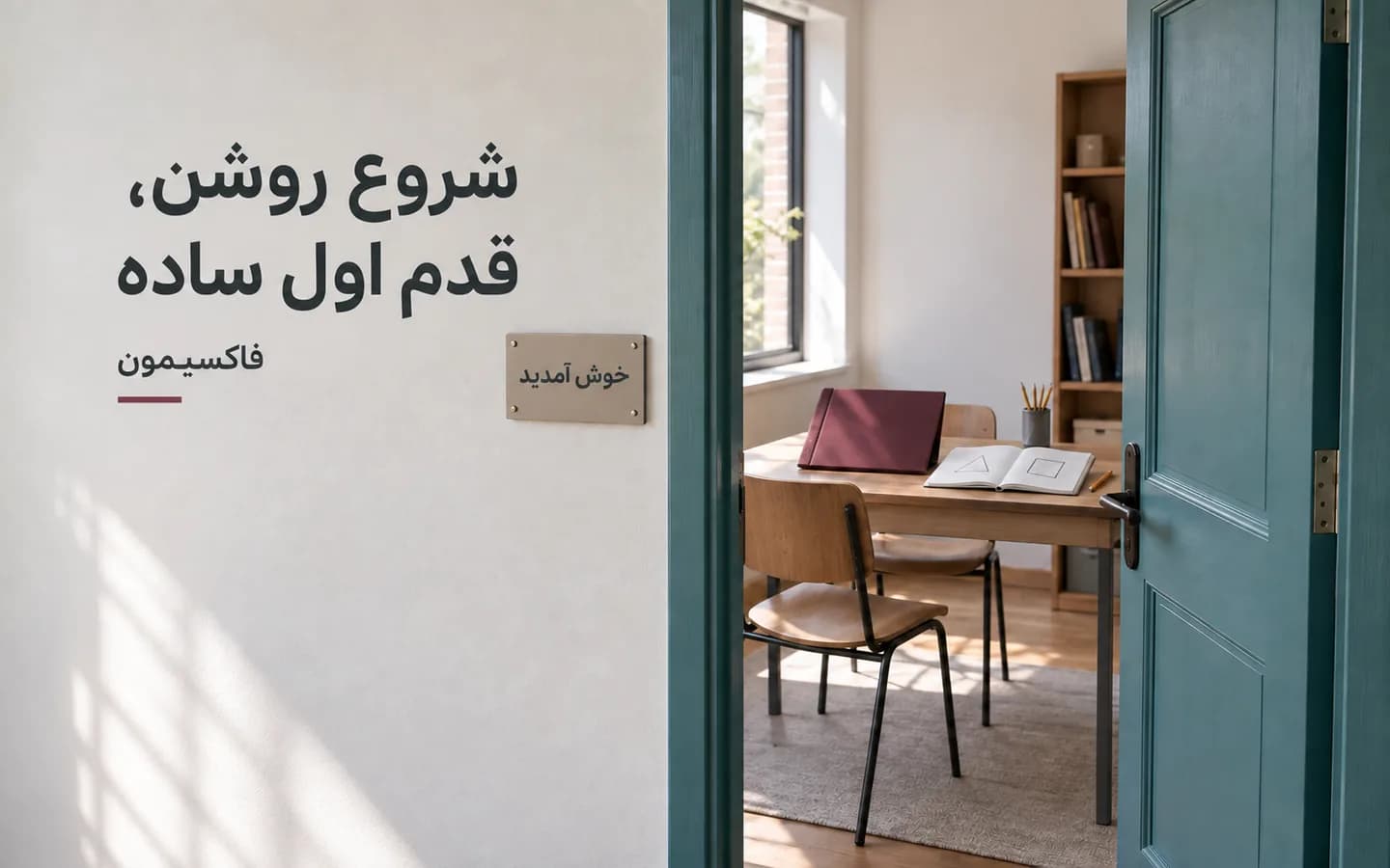 ورودی باز فضای یادگیری با تابلوی خوشامد و میز آمادهٔ اولین تمرین؛ تصویر مفهومی مسیر روشن شروع دوره
