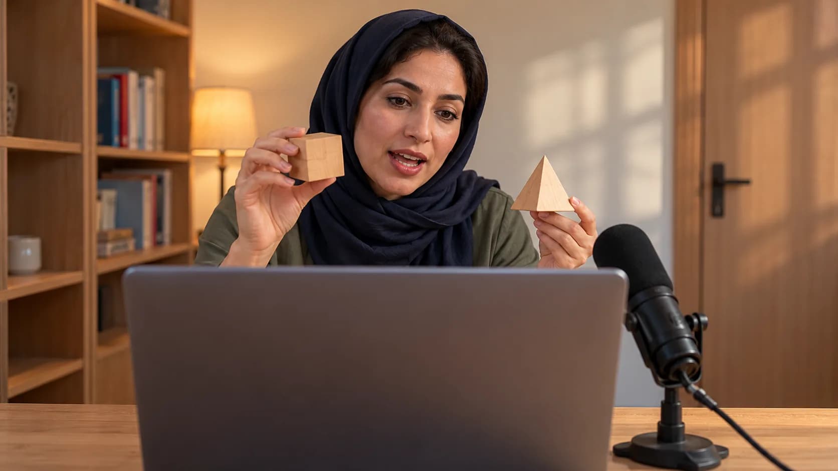 مدرس در کلاس آنلاین با نمایش دو حجم چوبی فهم هنرجویان از شکل‌های هندسی را می‌سنجد