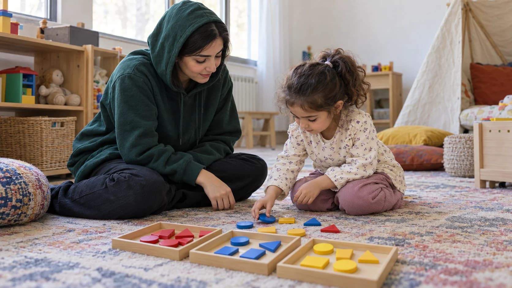 مربی با هودی سبز و کودک پیش‌دبستانی در حال دسته‌بندی قطعات هندسی رنگی روی زمین