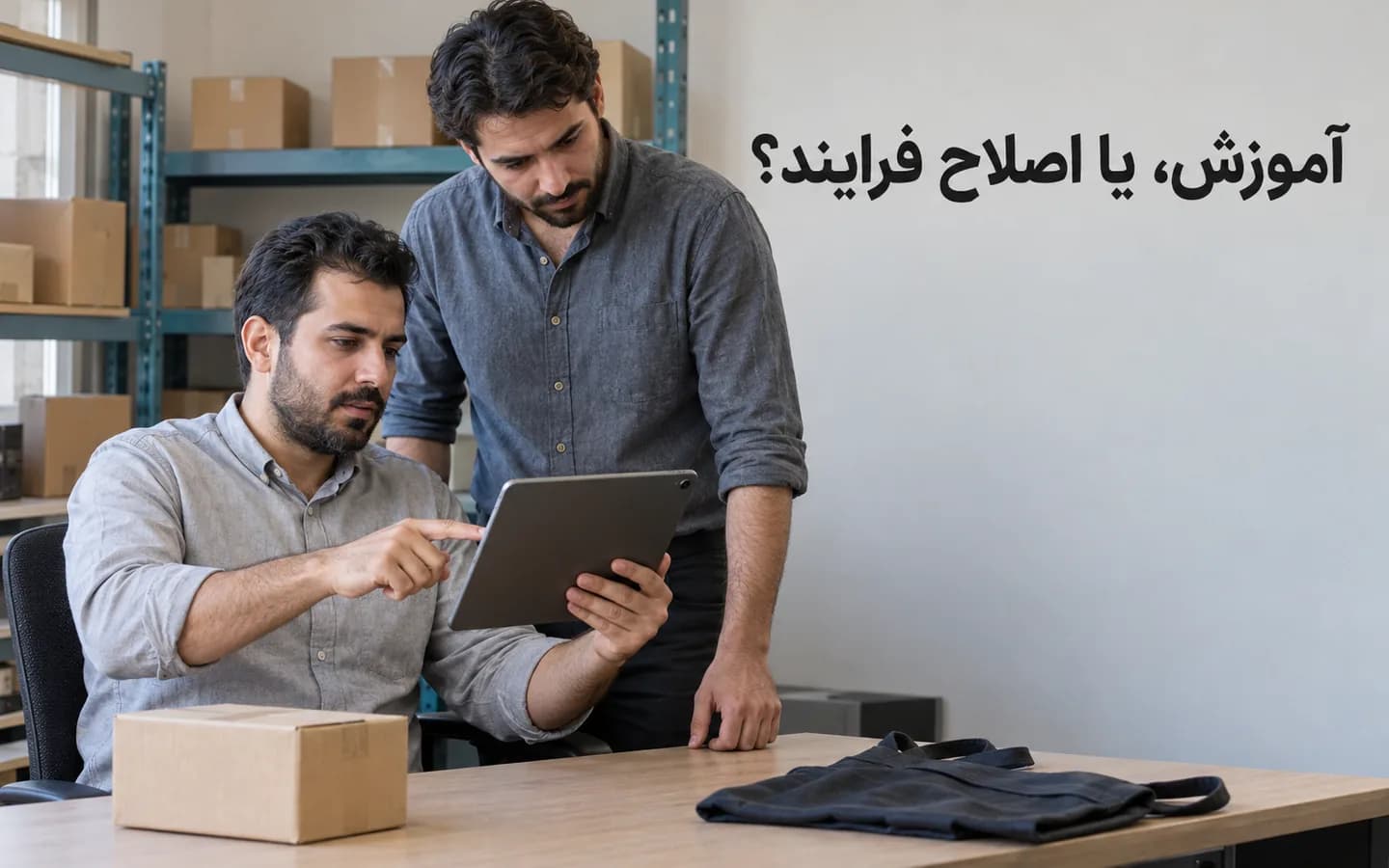 دو همکار در بخش ارسال سفارش، در حال بررسی فرایند ارجاع روی تبلتی که رو به آن‌هاست
