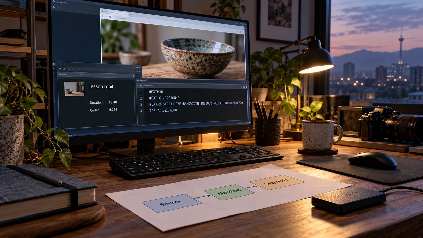 مانیتوری با مشخصات فایل MP4 و فهرست HLS، کنار برگه مسیر منبع تا قطعه‌های ویدیو.
