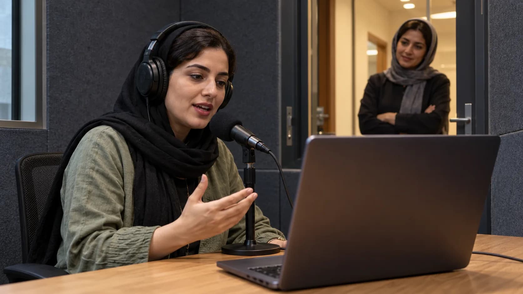 زبان‌آموز در اتاق تمرین آموزشگاه با هدفون و میکروفون گفت‌وگوی تمرینی انجام می‌دهد