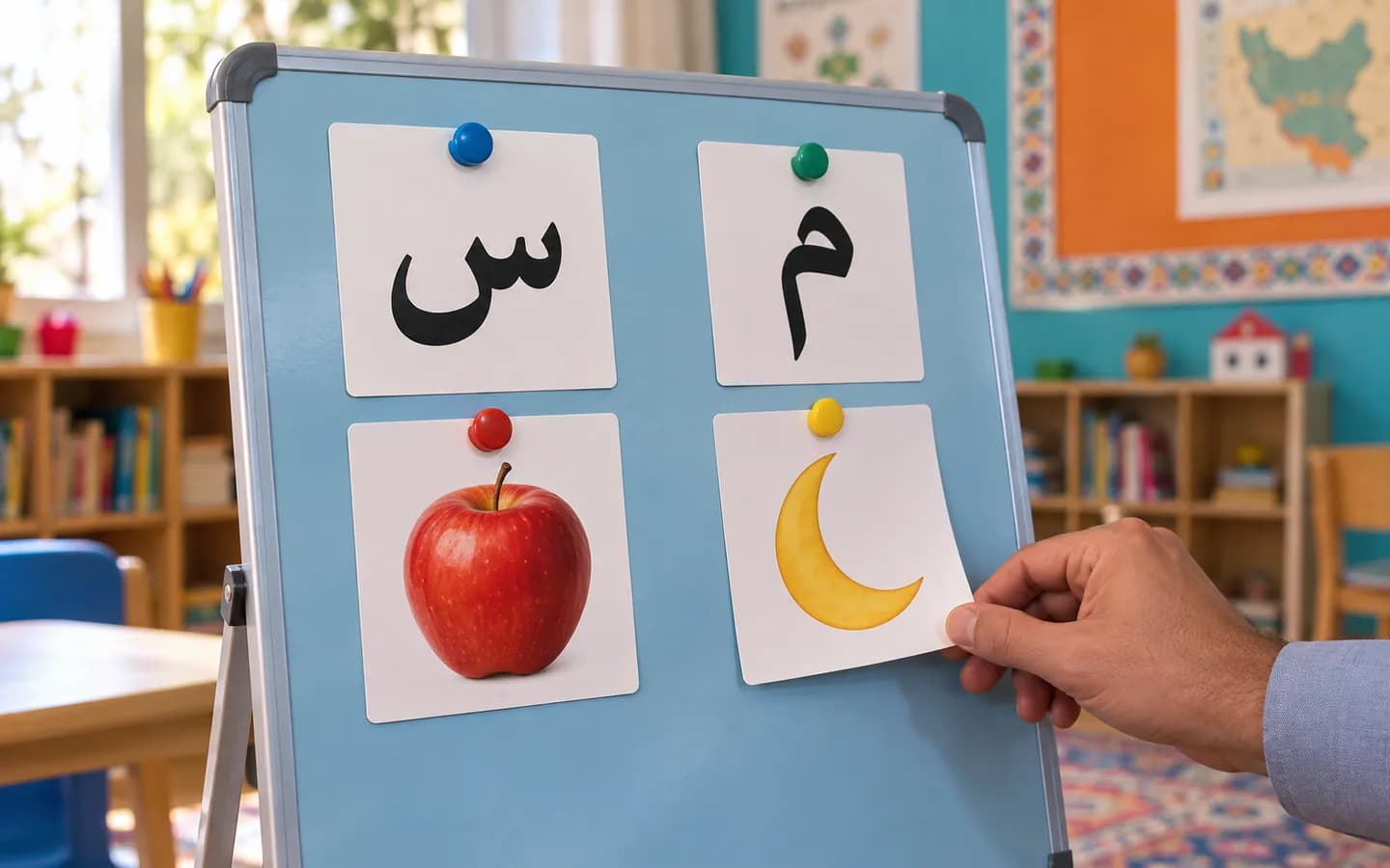 کارت‌های حرف فارسی و تصویر سیب و ماه روی تخته آبی