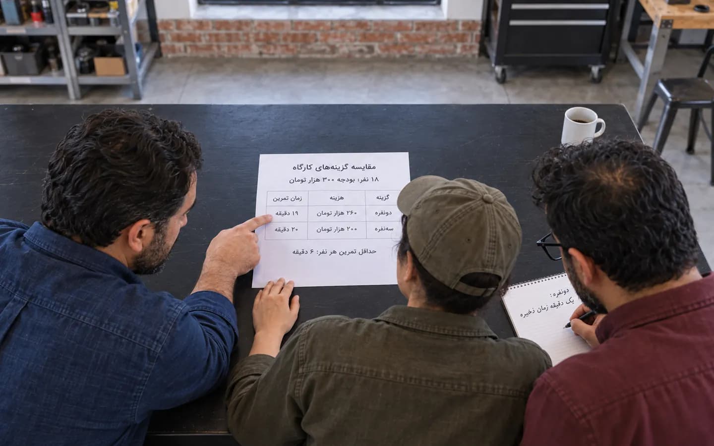 سه مدرس از یک سمت میز جدول فارسی هزینه و زمان کارگاه را بررسی می‌کنند