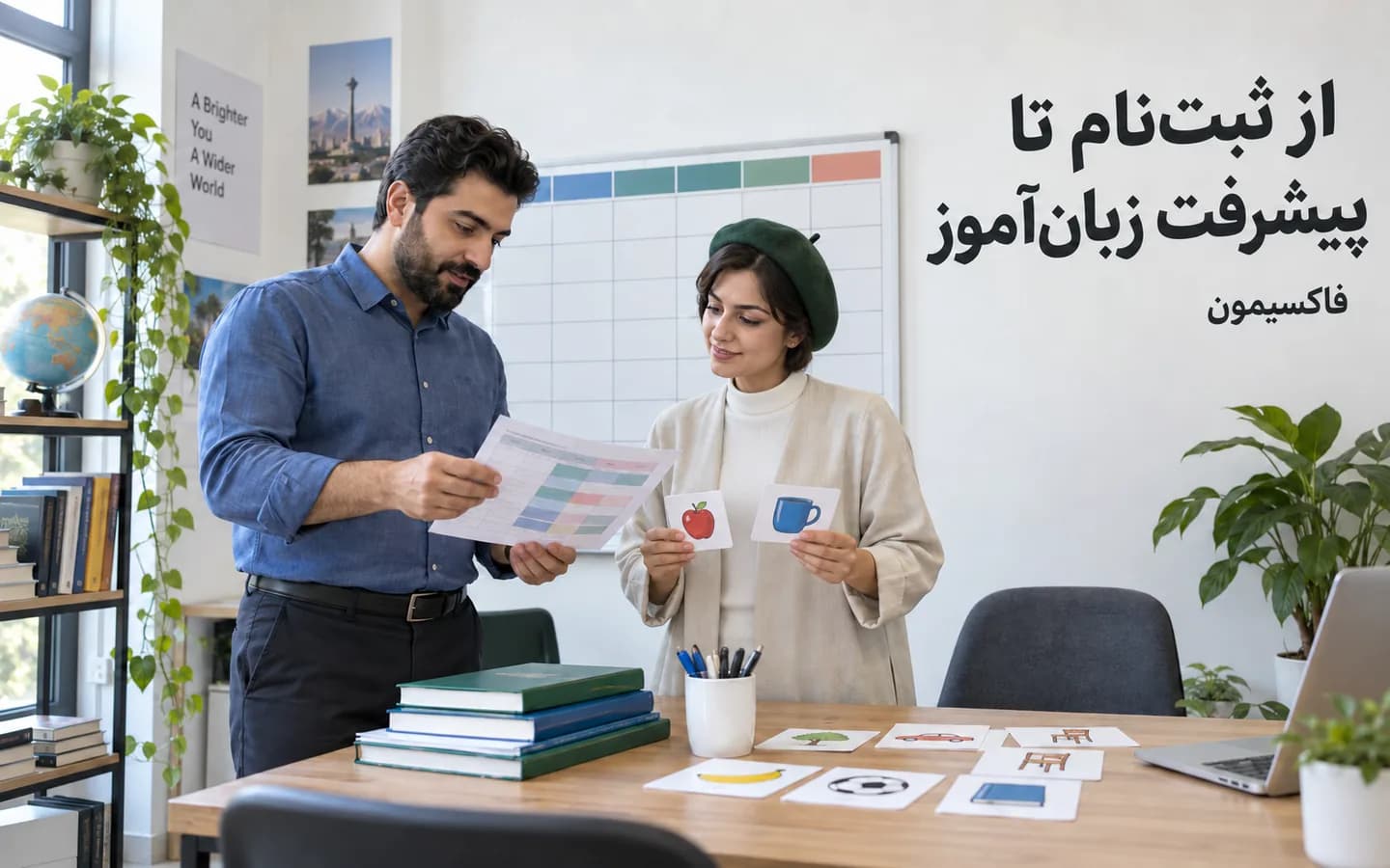 مدیر و مدرس آموزشگاه کنار برنامهٔ ترم و نمونهٔ تمرین زبان