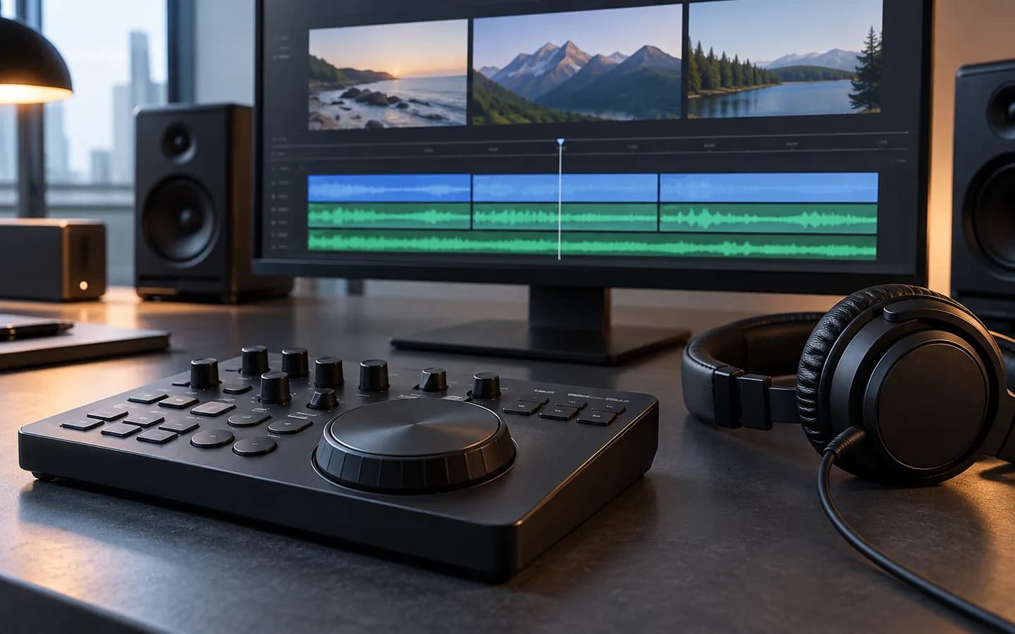 میز تدوین با کنترلر چرخشی و هدفون، مقابل نمای ساده تایم‌لاین صوت و تصویر