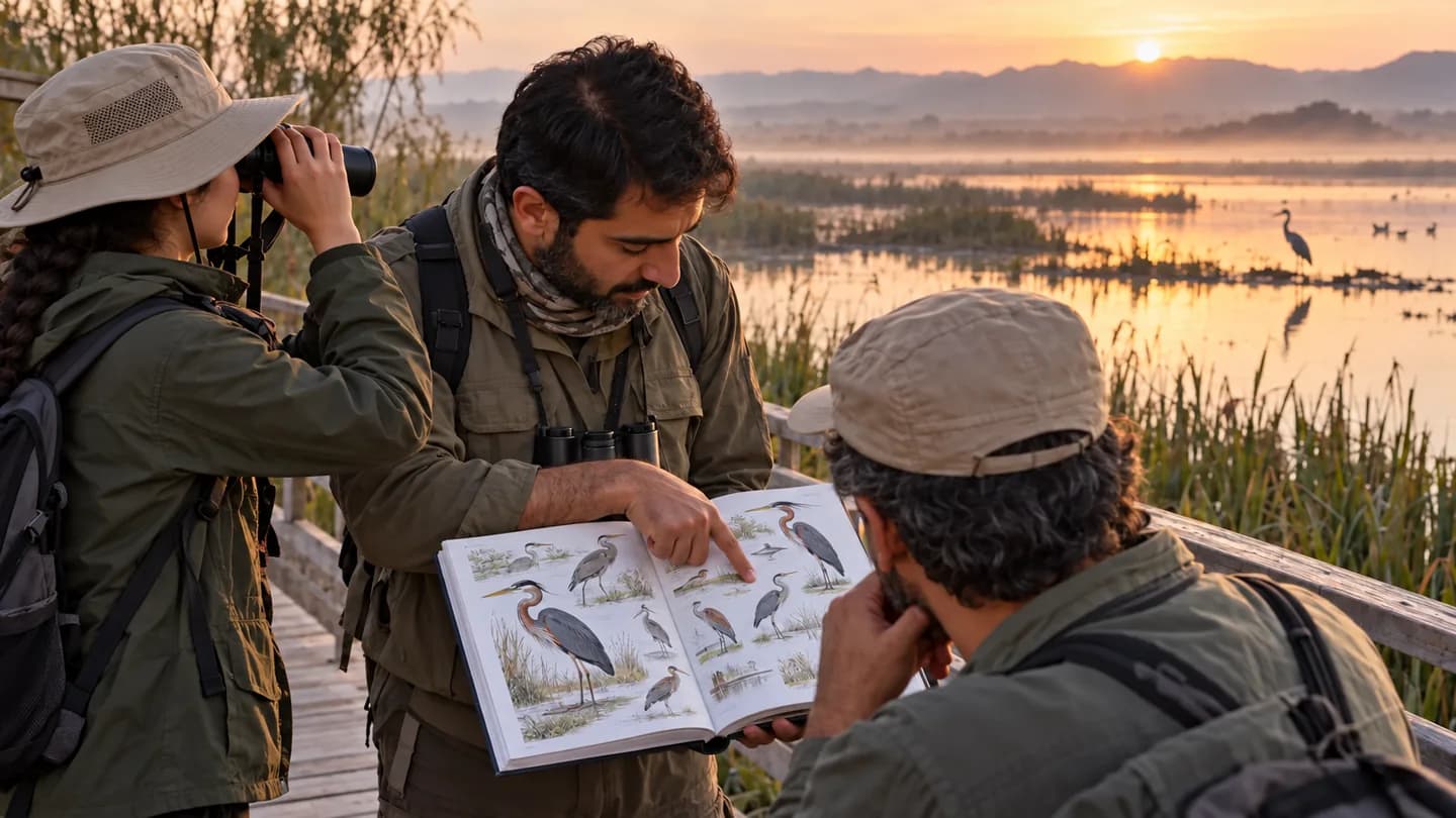 مربی پرنده‌نگری با کلاه طبیعت‌گردی در تالاب، مشاهدهٔ پرندگان را با کتاب راهنمای پُرمحتوا تطبیق می‌دهد