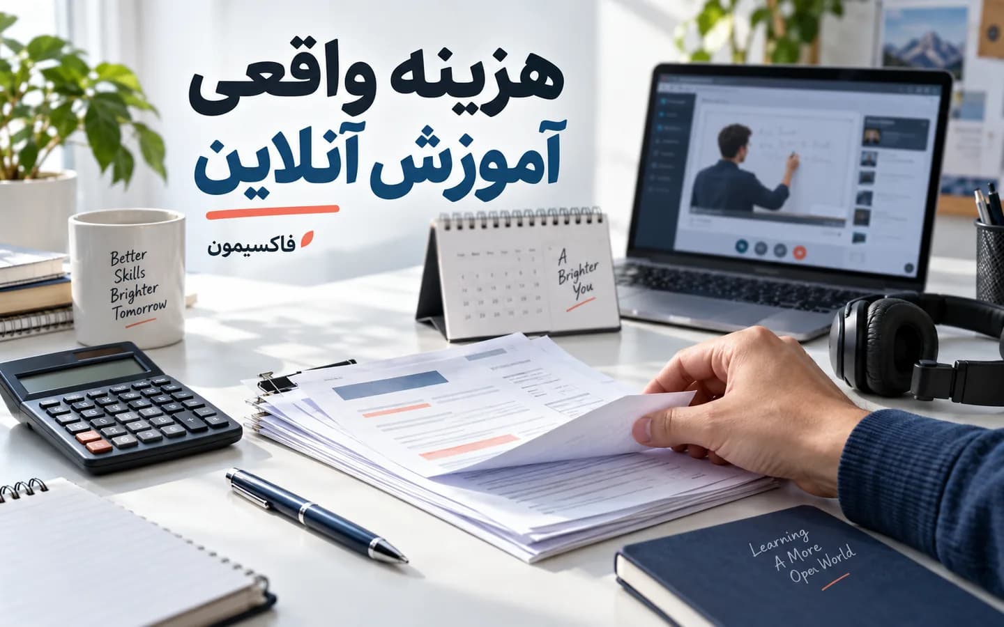 مدیر آموزشی در حال بررسی اقلام هزینه کنار ماشین‌حساب و برگهٔ بودجهٔ نمونه