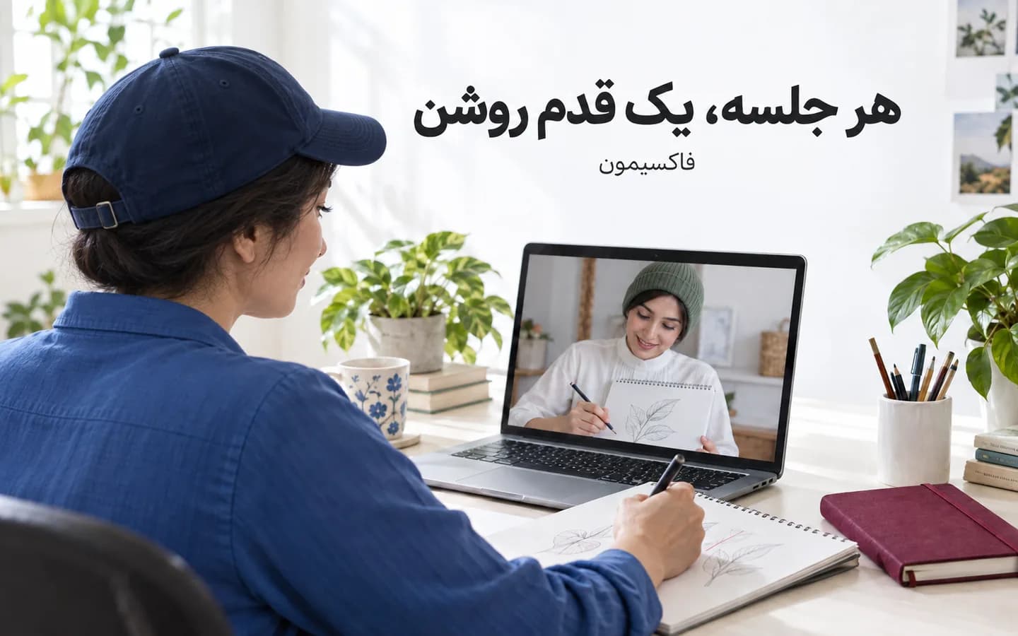 مدرس و دانشجوی بزرگسال در یک جلسهٔ آنلاین روی تمرینی مشخص کار می‌کنند