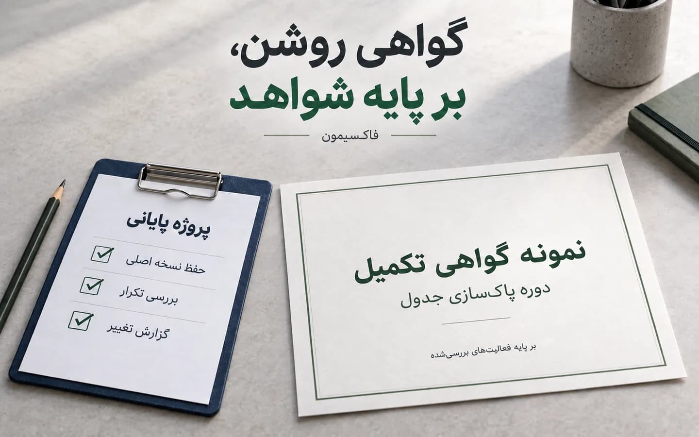 برگه نمونه گواهی تکمیل دوره پاک‌سازی جدول کنار چک‌لیست شواهد پروژه پایانی