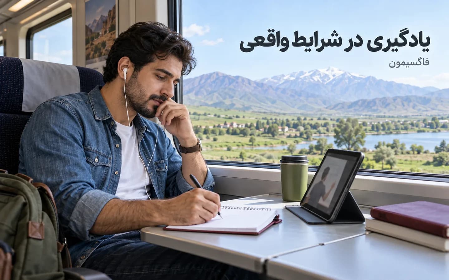 دانشجوی بزرگسال در قطار، کنار تبلت و دفتر تمرین؛ تصویر مفهومی یادگیری در شرایط متفاوت