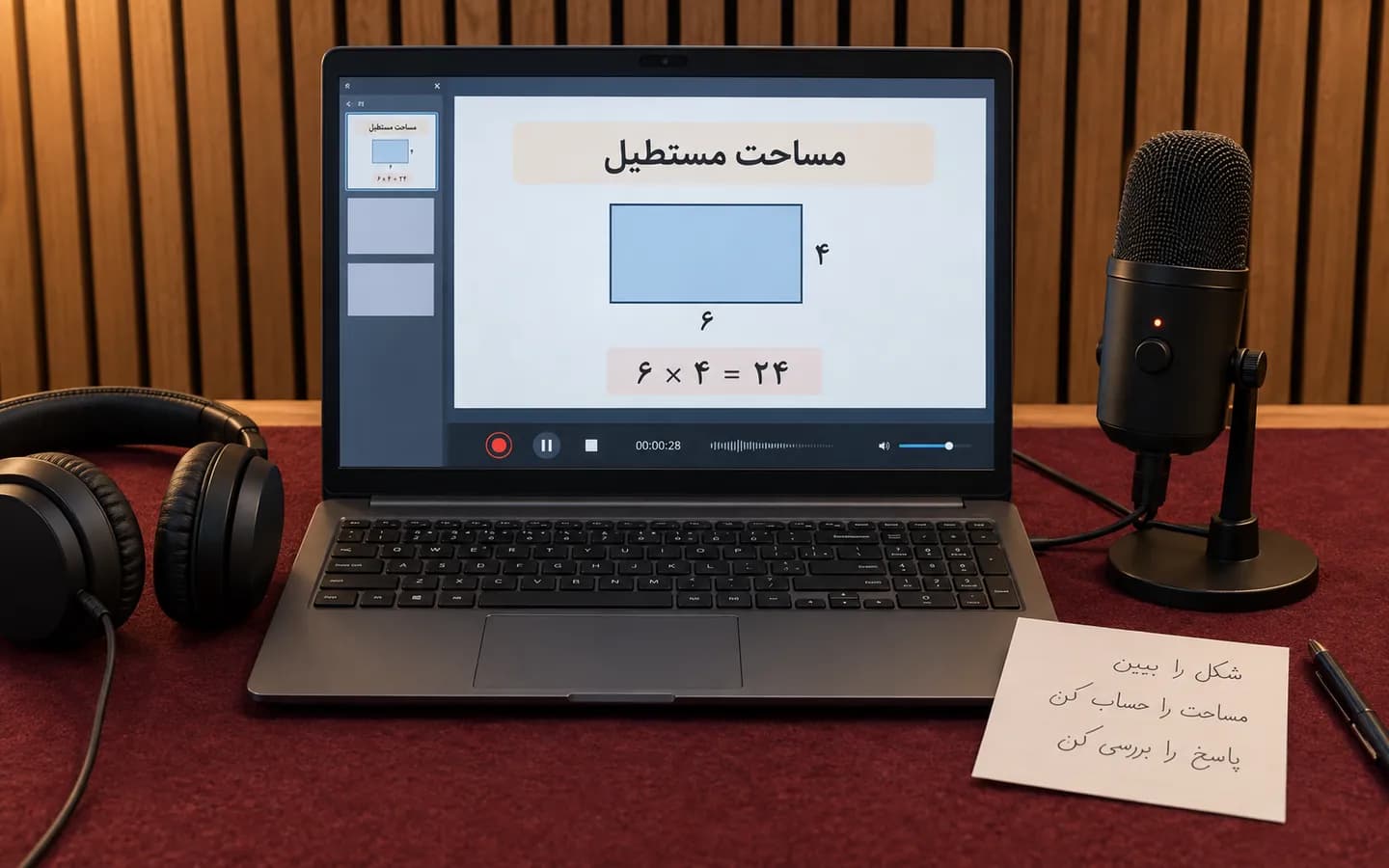 اسلاید هندسه و میکروفون ضبط روایت روی میز زرشکی