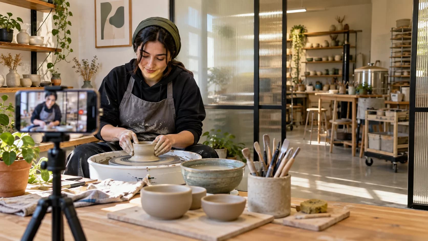صحنهٔ فیلم‌برداری نمونهٔ رایگان سفالگری و مواد تمرین دورهٔ کامل