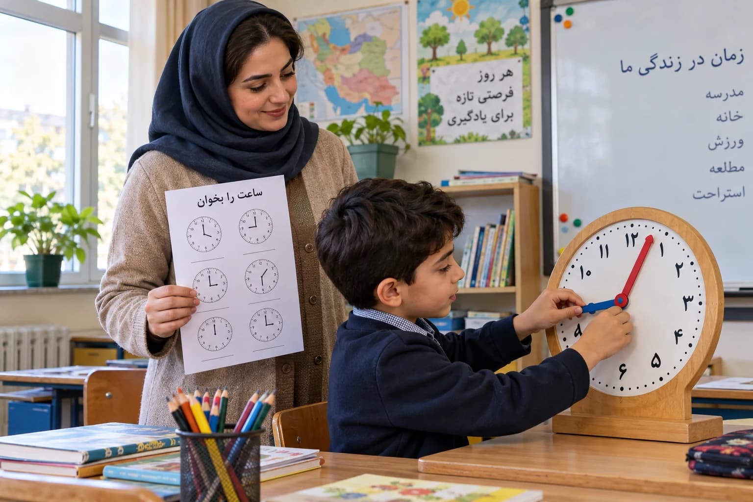 معلم و دانش‌آموز در کلاس، در حال تمرین خواندن ساعت با صفحهٔ آموزشی