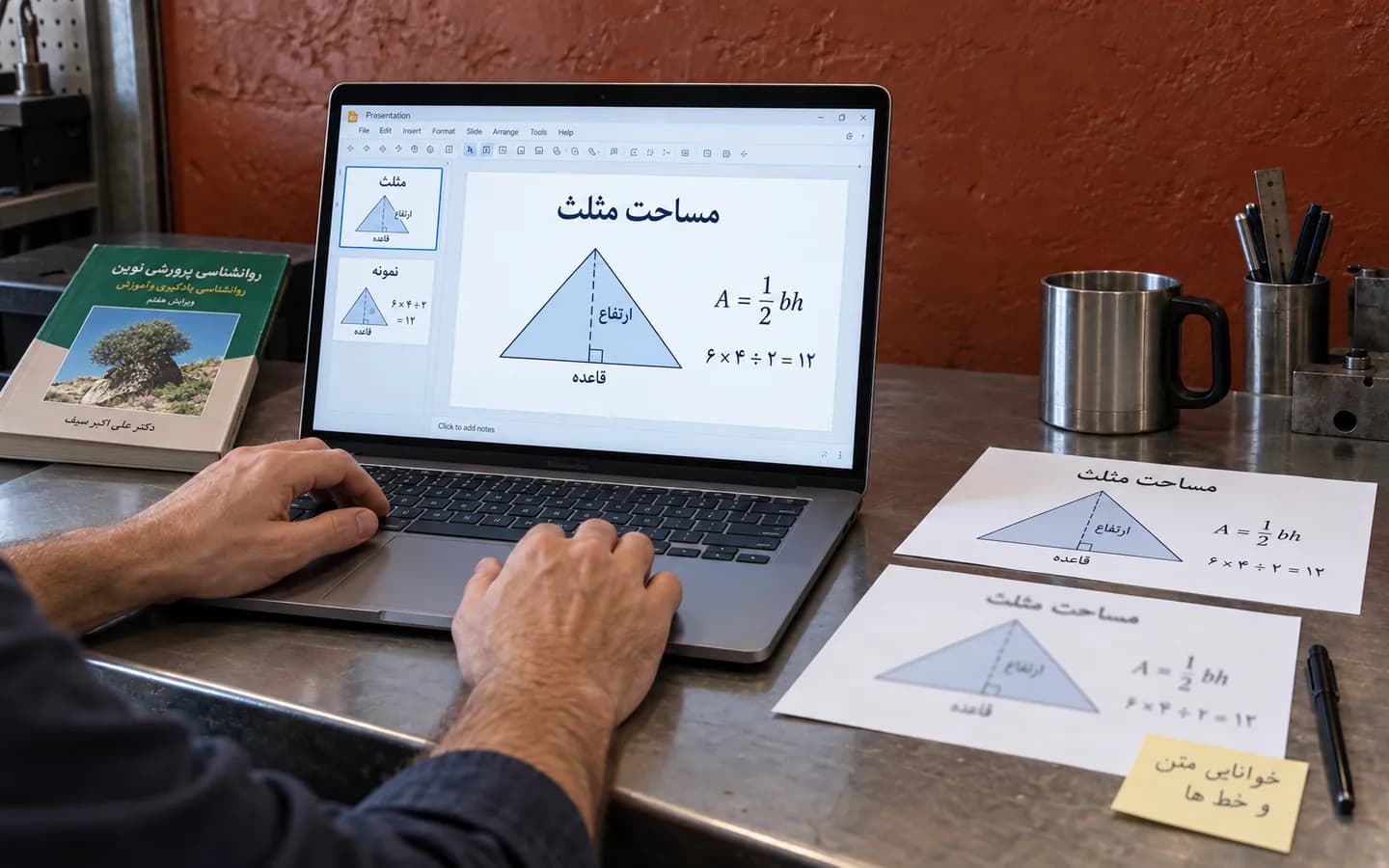 لپ‌تاپ و تصاویر آموزشی برای بررسی حجم فایل ارائه روی میز فلزی
