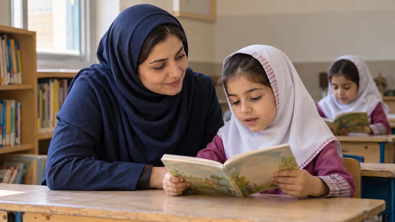 آموزگار و دانش‌آموز پایهٔ دوم در کلاس واقعی، در حال خواندن کتابی که صفحه‌های آن رو به خودشان است